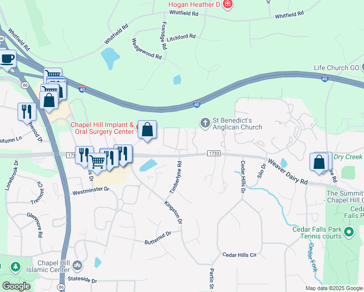 map of restaurants, bars, coffee shops, grocery stores, and more near 1 Timberlyne Road in Chapel Hill