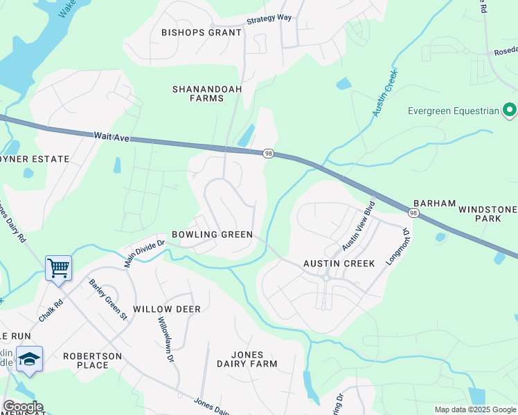 map of restaurants, bars, coffee shops, grocery stores, and more near 217 Cottesbrook Drive in Wake Forest