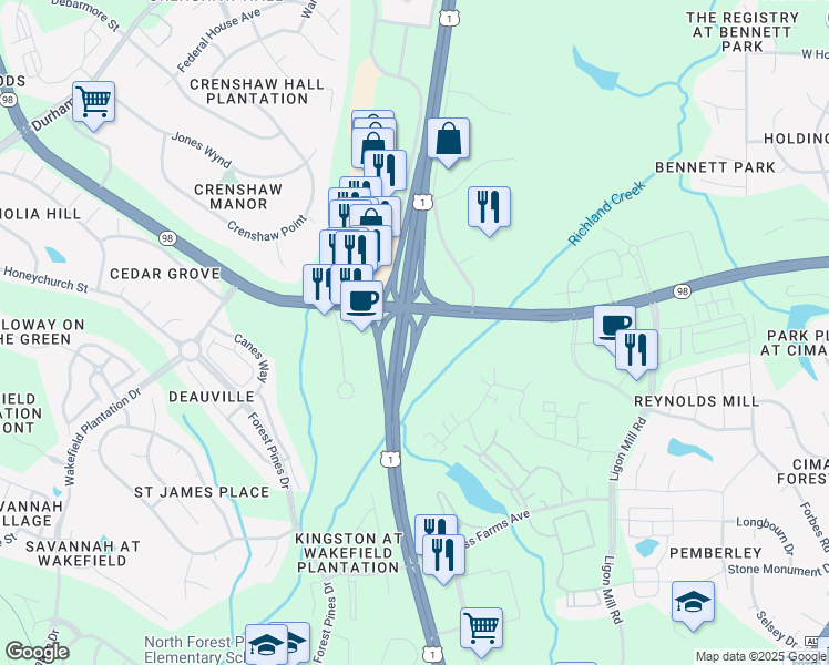 map of restaurants, bars, coffee shops, grocery stores, and more near Doctor Calvin Jones Highway in Wake Forest