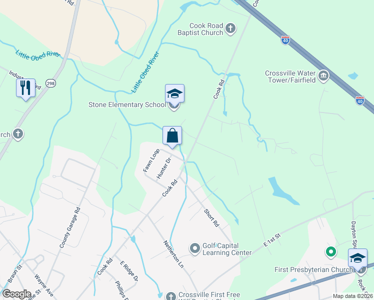 map of restaurants, bars, coffee shops, grocery stores, and more near 1133 Cook Road in Crossville