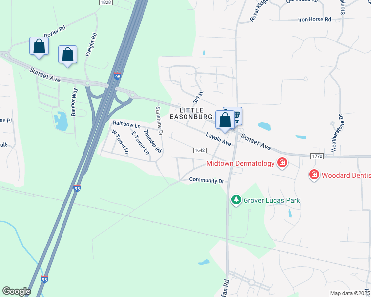 map of restaurants, bars, coffee shops, grocery stores, and more near Carroll Avenue in Rocky Mount