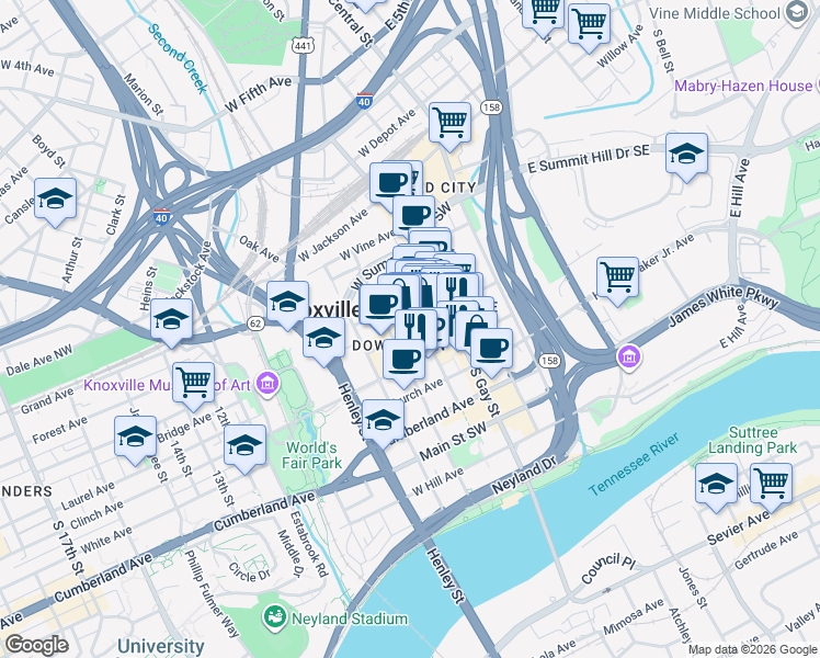 map of restaurants, bars, coffee shops, grocery stores, and more near 1 Market Square in Knoxville
