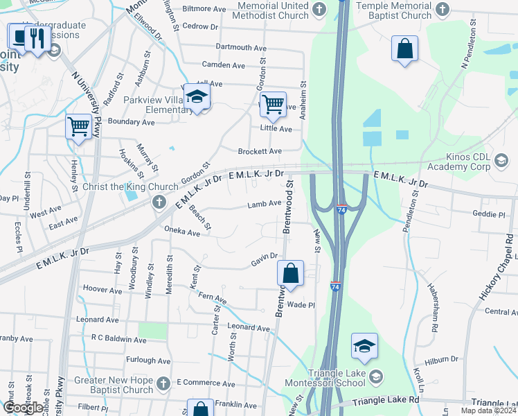 map of restaurants, bars, coffee shops, grocery stores, and more near 1746 Lamb Avenue in High Point
