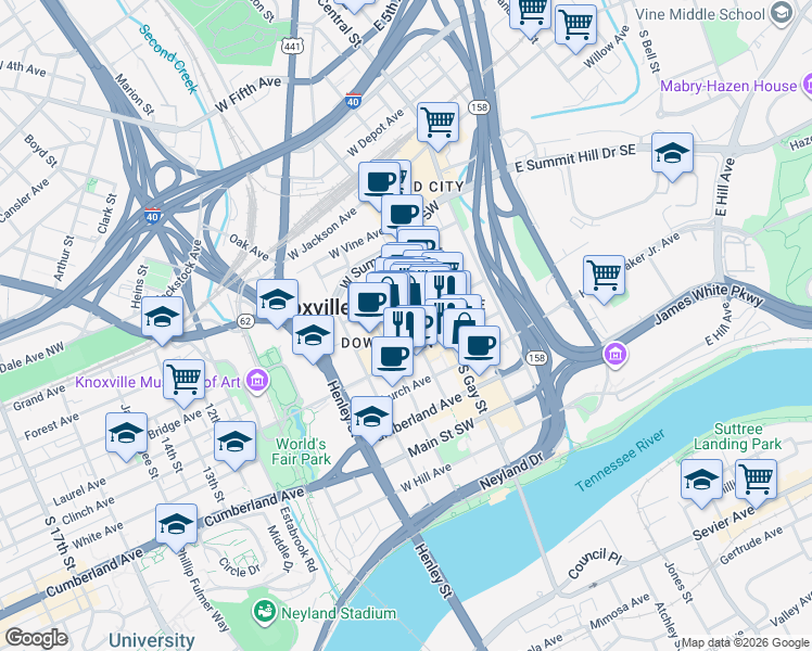 map of restaurants, bars, coffee shops, grocery stores, and more near 1 Market Square in Knoxville