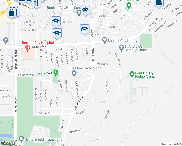 map of restaurants, bars, coffee shops, grocery stores, and more near 1328 Georgia Avenue in Boulder City