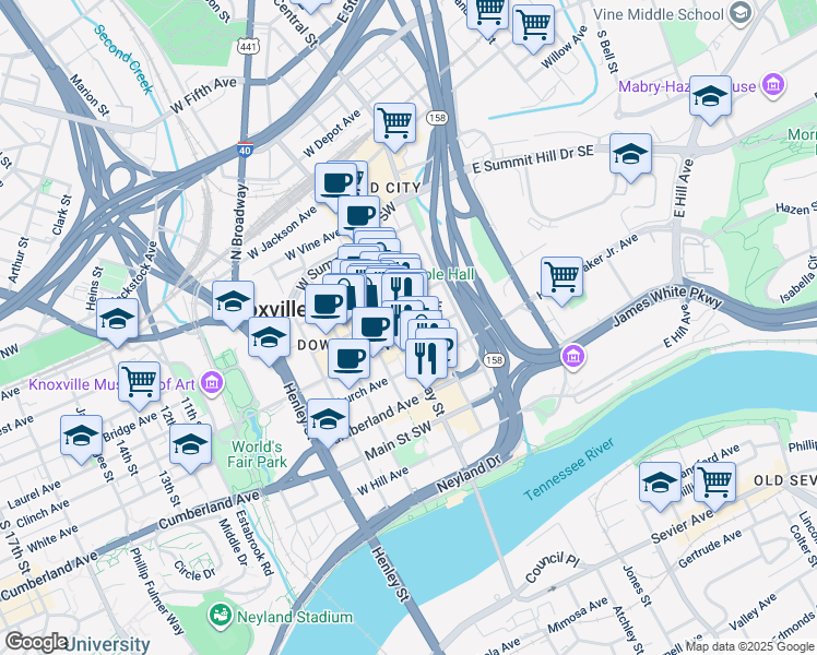 map of restaurants, bars, coffee shops, grocery stores, and more near 608 South Gay Street in Knoxville