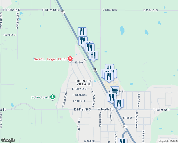 map of restaurants, bars, coffee shops, grocery stores, and more near 13749 South 287th East Avenue in Coweta
