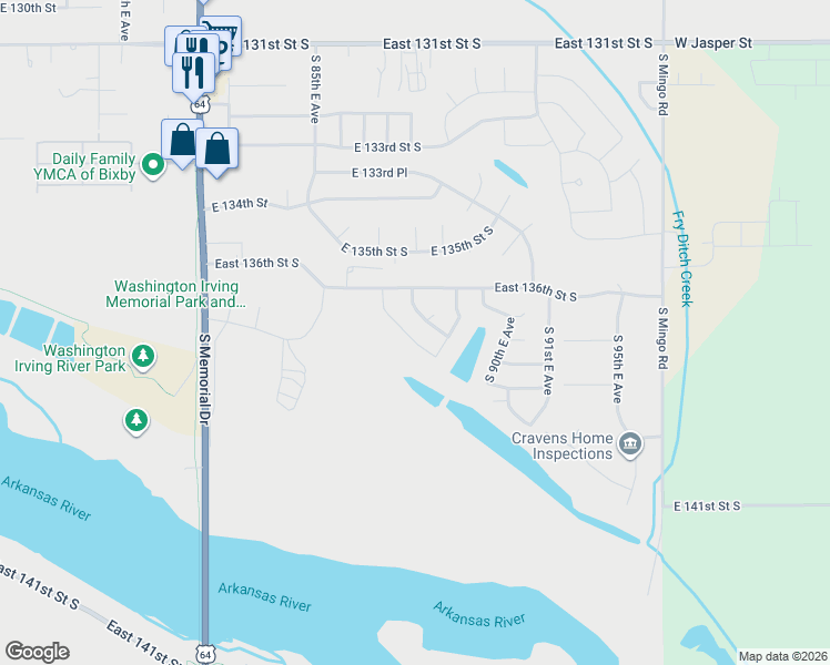 map of restaurants, bars, coffee shops, grocery stores, and more near 8808 East 139th Street South in Bixby