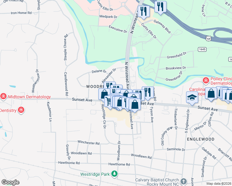 map of restaurants, bars, coffee shops, grocery stores, and more near 3626 Sunset Avenue in Rocky Mount