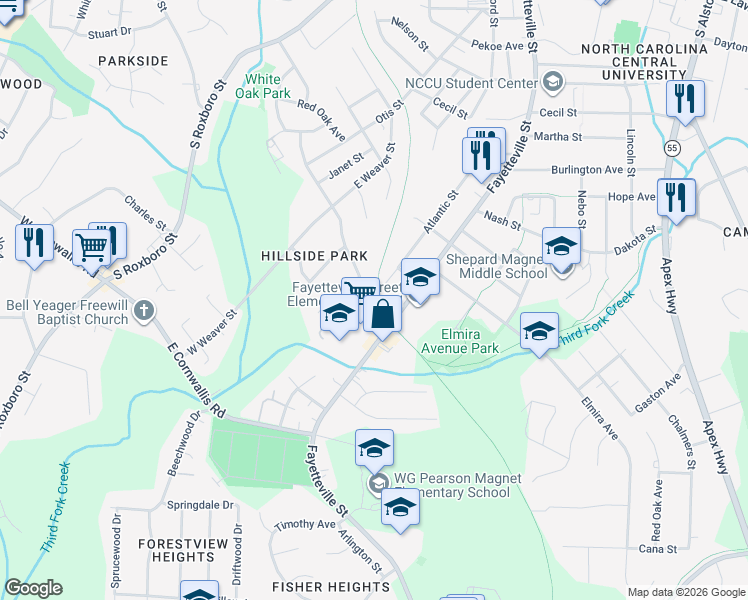 map of restaurants, bars, coffee shops, grocery stores, and more near 433 East Pilot Street in Durham