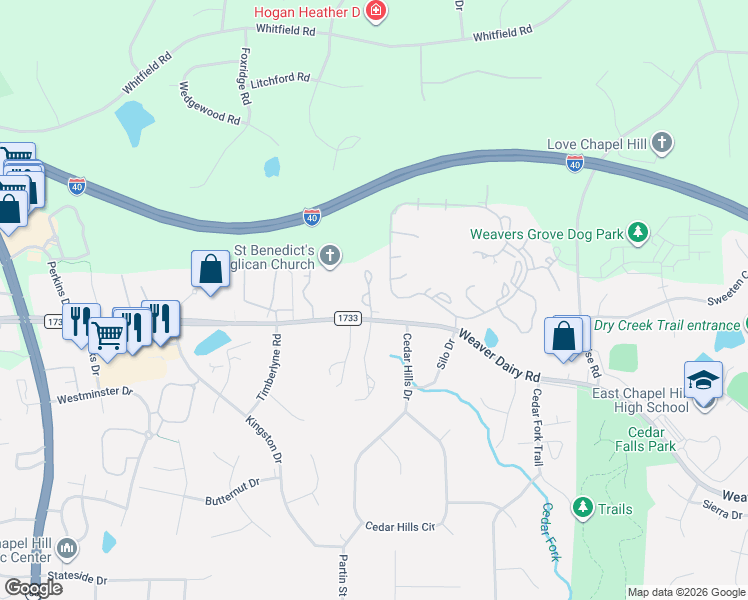 map of restaurants, bars, coffee shops, grocery stores, and more near Weaver Dairy Road in Chapel Hill