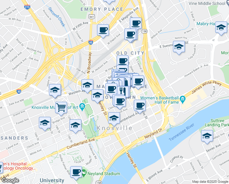 map of restaurants, bars, coffee shops, grocery stores, and more near in Knoxville