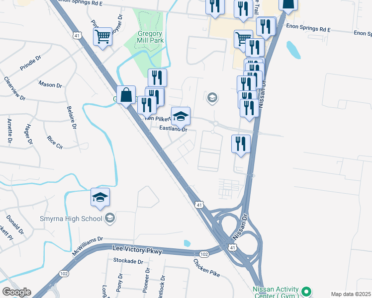 map of restaurants, bars, coffee shops, grocery stores, and more near 306 Southside Drive in Smyrna