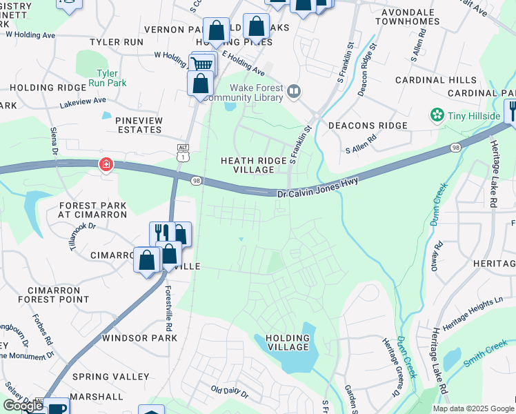 map of restaurants, bars, coffee shops, grocery stores, and more near 609 Hillfarm Drive in Wake Forest