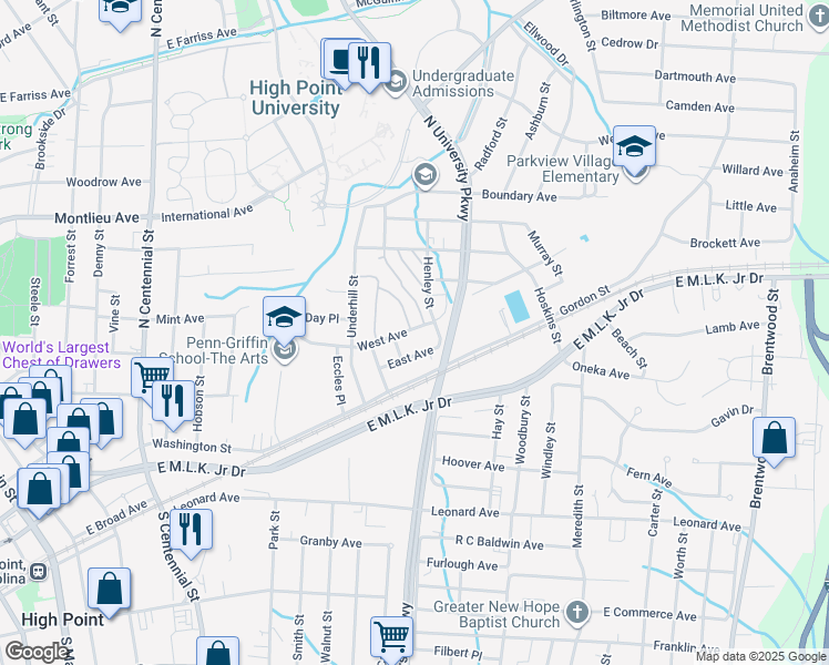 map of restaurants, bars, coffee shops, grocery stores, and more near 1501 East Avenue in High Point