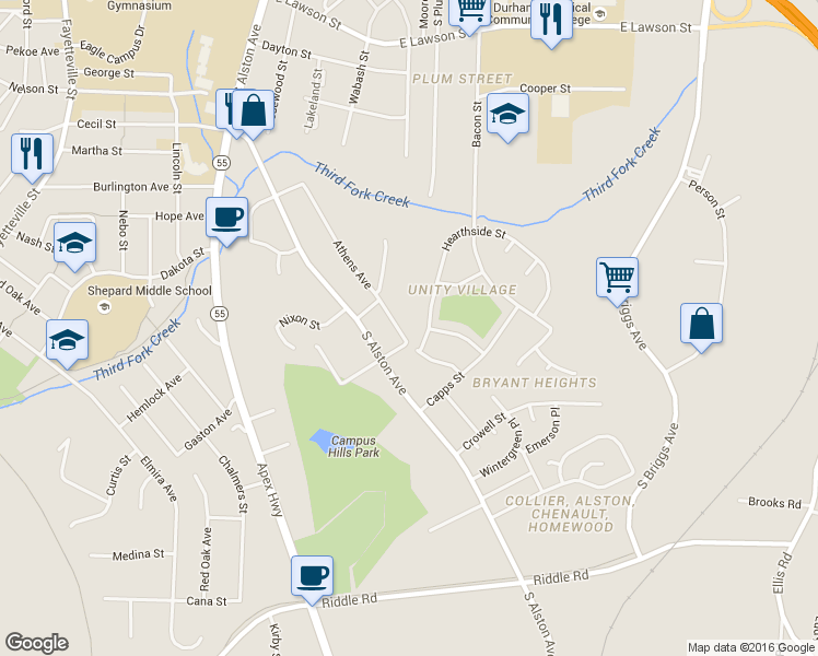 map of restaurants, bars, coffee shops, grocery stores, and more near 1919 Athens Avenue in Durham