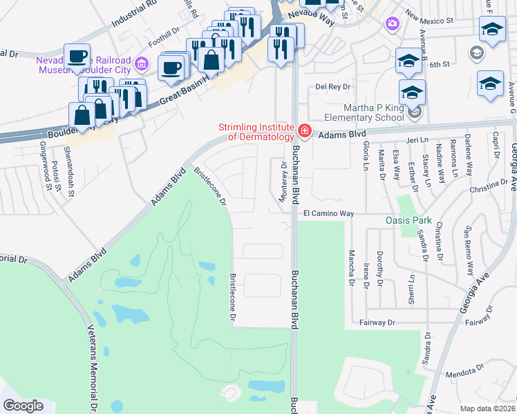 map of restaurants, bars, coffee shops, grocery stores, and more near 1429 Cattail Falls Street in Boulder City