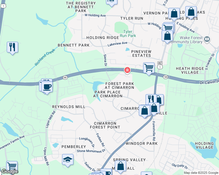 map of restaurants, bars, coffee shops, grocery stores, and more near 1204 Miracle Drive in Wake Forest