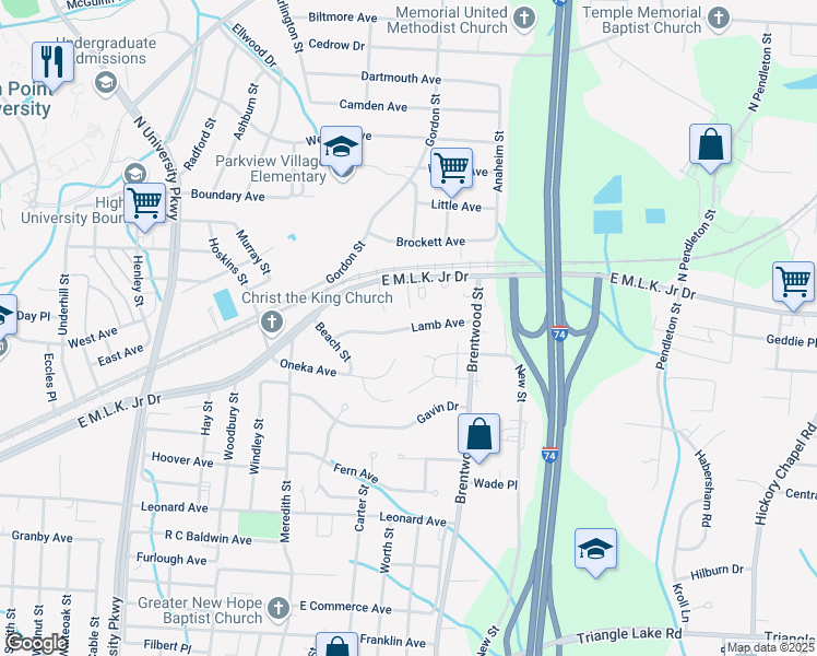 map of restaurants, bars, coffee shops, grocery stores, and more near 1745 Lamb Avenue in High Point