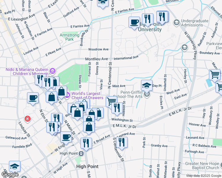 map of restaurants, bars, coffee shops, grocery stores, and more near 410 North Centennial Street in High Point