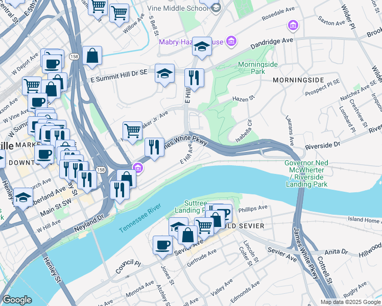 map of restaurants, bars, coffee shops, grocery stores, and more near in Knoxville