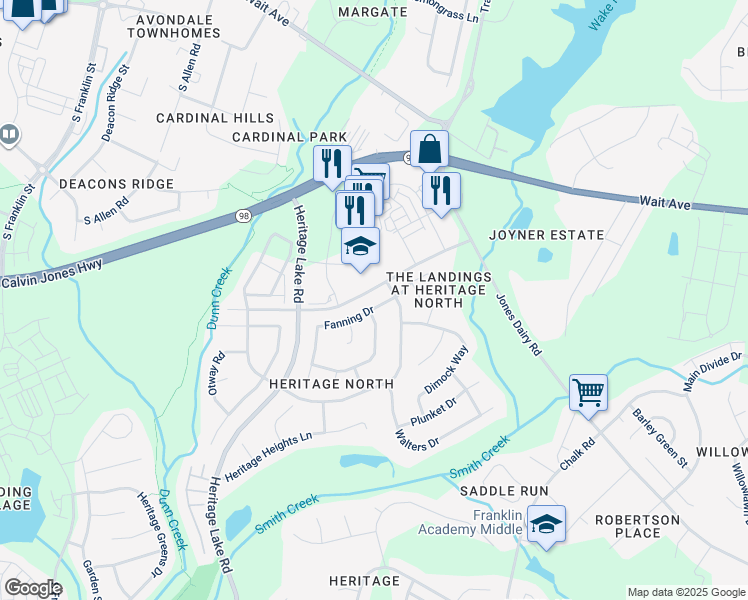 map of restaurants, bars, coffee shops, grocery stores, and more near 1237 Fanning Drive in Wake Forest