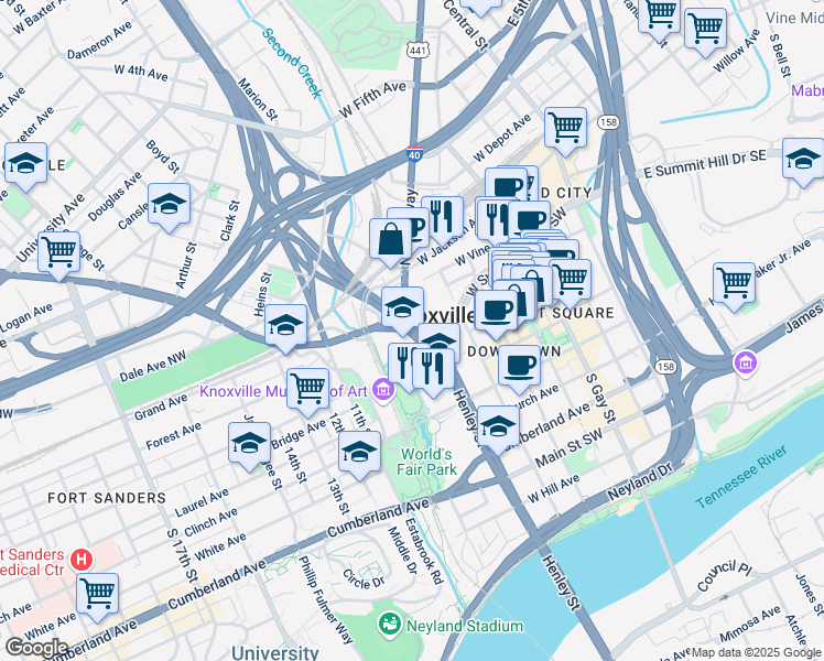 map of restaurants, bars, coffee shops, grocery stores, and more near 700 Western Avenue in Knoxville