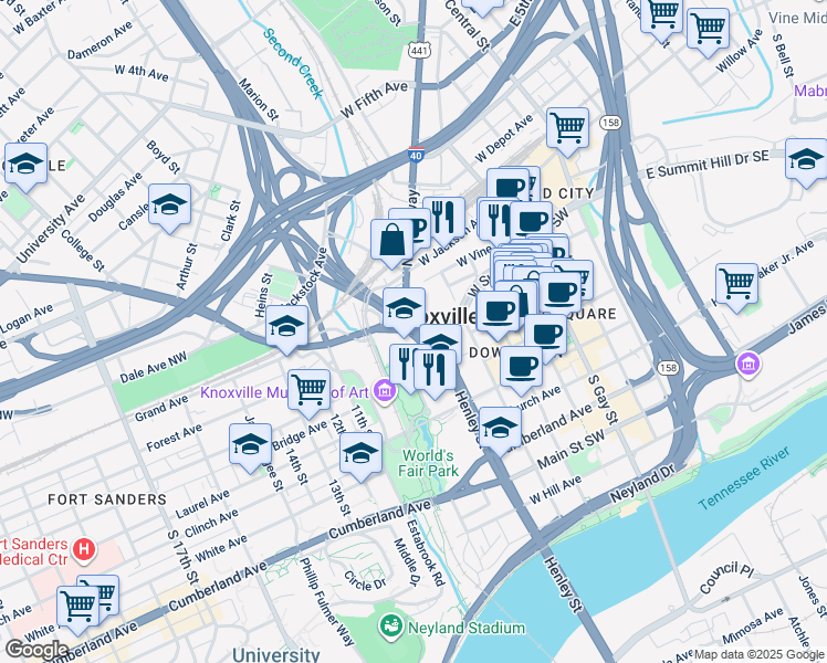 map of restaurants, bars, coffee shops, grocery stores, and more near 700 Western Avenue in Knoxville