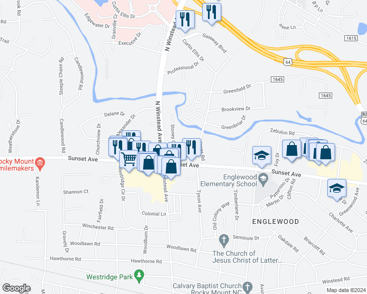 map of restaurants, bars, coffee shops, grocery stores, and more near 121 Jones Road in Rocky Mount