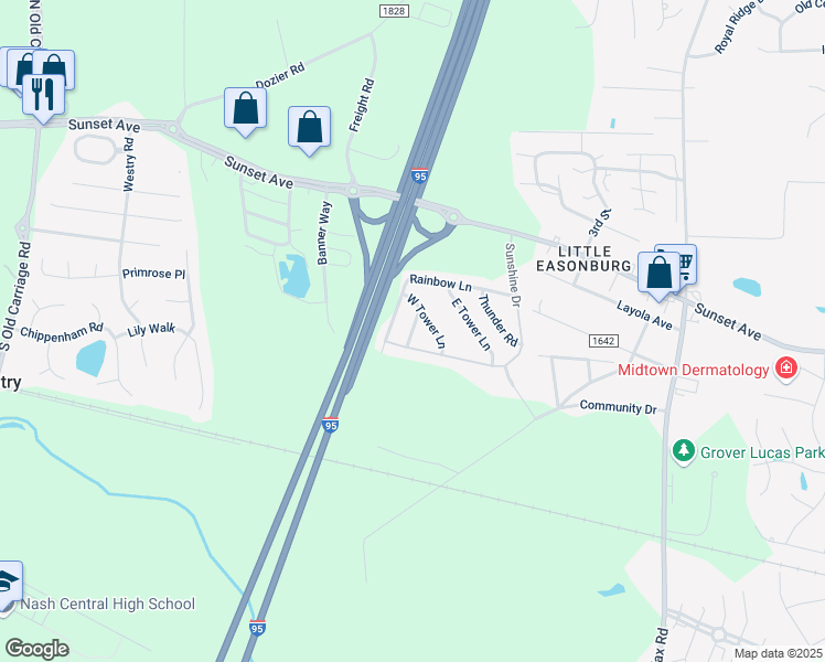 map of restaurants, bars, coffee shops, grocery stores, and more near 200 West Tower Lane in Rocky Mount