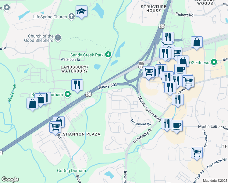 map of restaurants, bars, coffee shops, grocery stores, and more near 4225 Larchmont Road in Durham