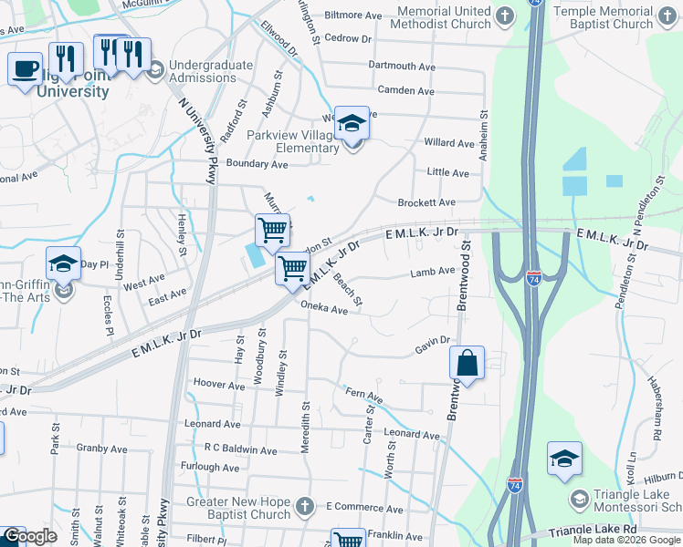 map of restaurants, bars, coffee shops, grocery stores, and more near 1700 East Martin Luther King Junior Drive in High Point
