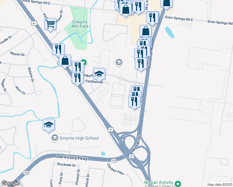 map of restaurants, bars, coffee shops, grocery stores, and more near 670 Ken Pilkerton Drive in Smyrna