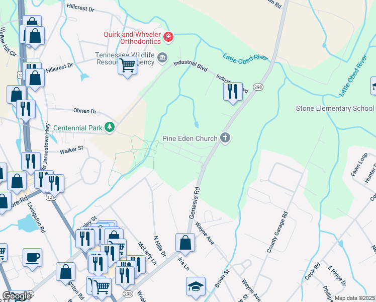 map of restaurants, bars, coffee shops, grocery stores, and more near Village Lane in Crossville