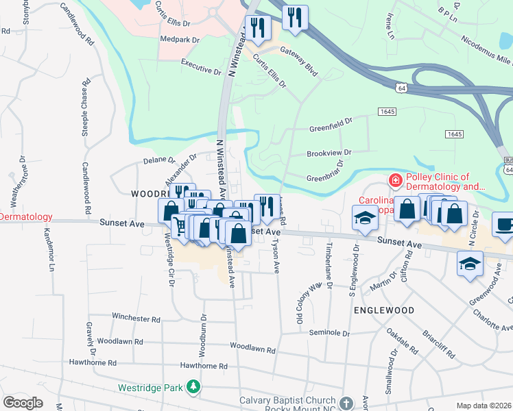 map of restaurants, bars, coffee shops, grocery stores, and more near 121 Jones Road in Rocky Mount