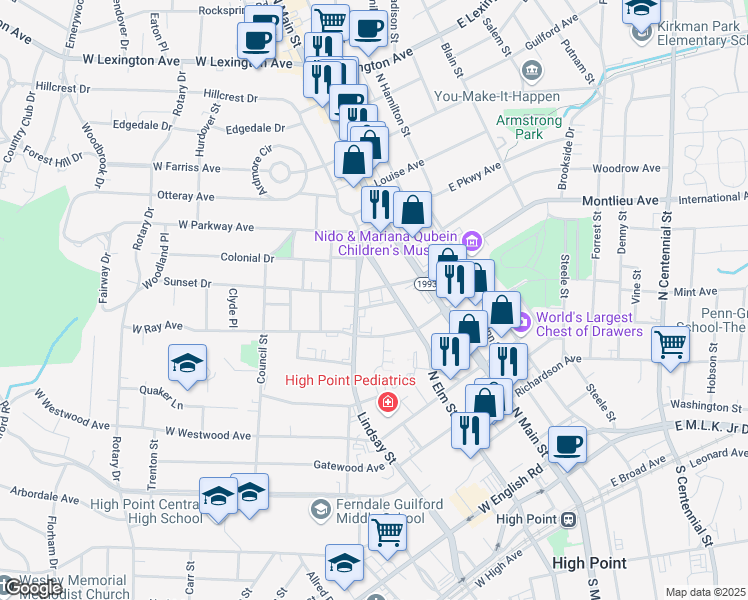 map of restaurants, bars, coffee shops, grocery stores, and more near 212 Maple Place in High Point