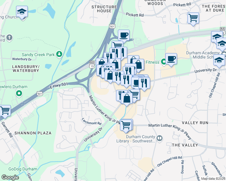 map of restaurants, bars, coffee shops, grocery stores, and more near 3500 Westgate Drive in Durham