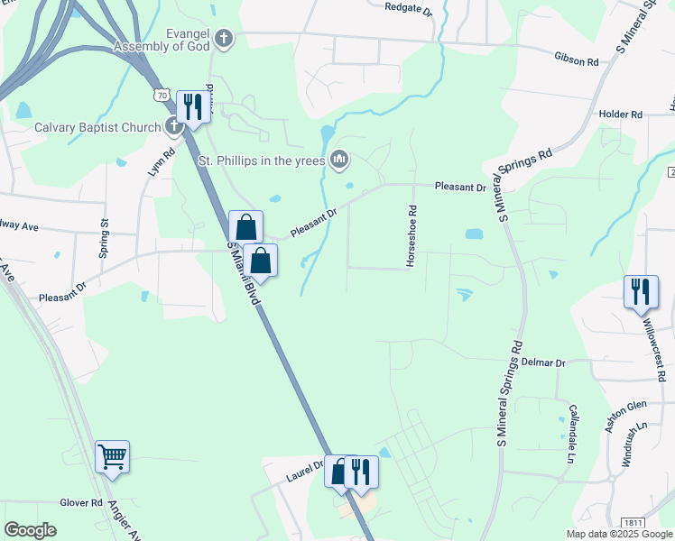 map of restaurants, bars, coffee shops, grocery stores, and more near 1205 West Horseshoe Road in Durham