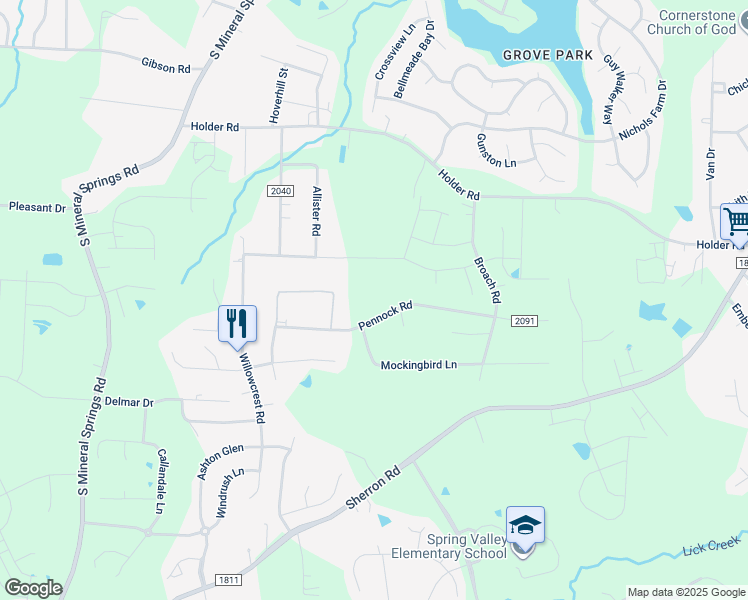 map of restaurants, bars, coffee shops, grocery stores, and more near 1404 Pennock Road in Durham