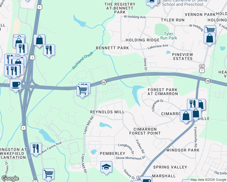 map of restaurants, bars, coffee shops, grocery stores, and more near Doctor Calvin Jones Highway in Wake Forest