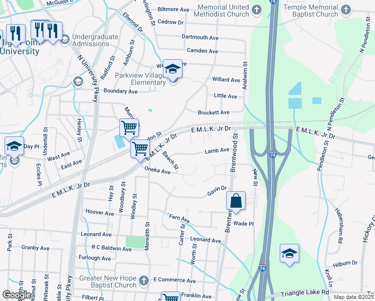 map of restaurants, bars, coffee shops, grocery stores, and more near 1714 East Martin Luther King Junior Drive in High Point