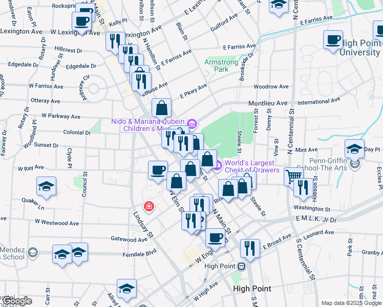 map of restaurants, bars, coffee shops, grocery stores, and more near 531 North Hamilton Street in High Point