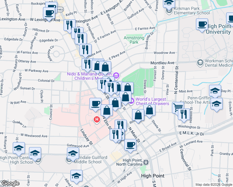 map of restaurants, bars, coffee shops, grocery stores, and more near 200 Montlieu Avenue in High Point