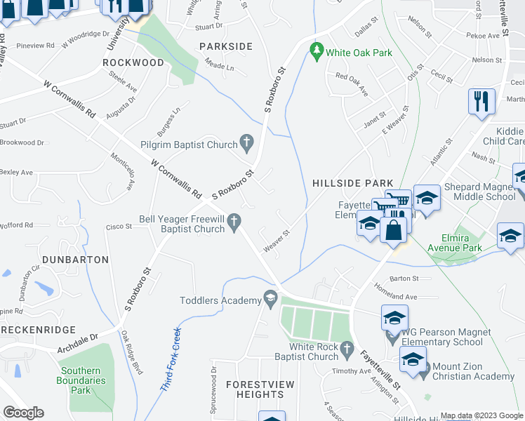 map of restaurants, bars, coffee shops, grocery stores, and more near 2507 South Roxboro Street in Durham