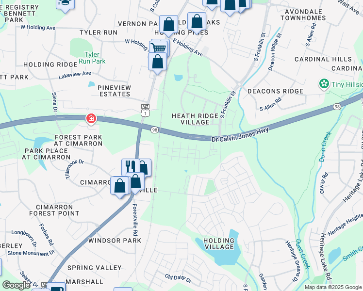 map of restaurants, bars, coffee shops, grocery stores, and more near Doctor Calvin Jones Highway in Wake Forest