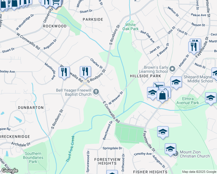 map of restaurants, bars, coffee shops, grocery stores, and more near 2507 South Roxboro Street in Durham