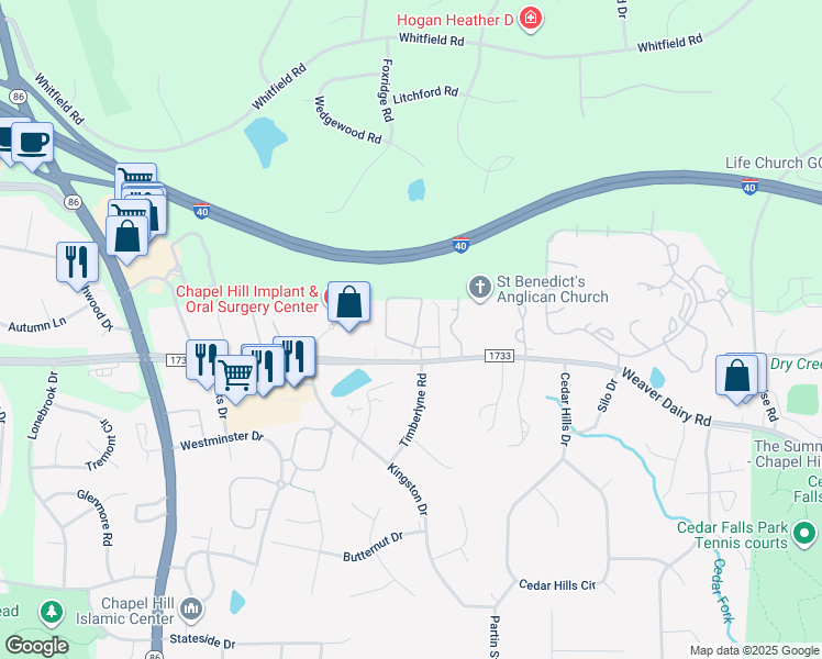 map of restaurants, bars, coffee shops, grocery stores, and more near 217 Schultz Street in Chapel Hill