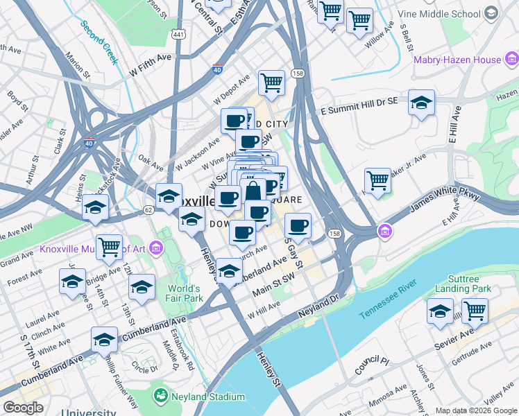 map of restaurants, bars, coffee shops, grocery stores, and more near 18 Market Square in Knoxville