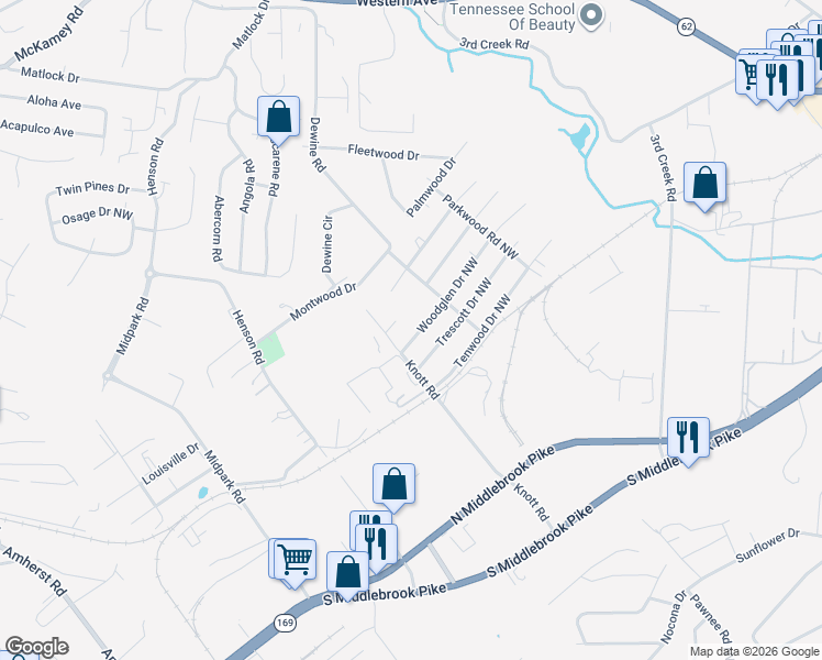map of restaurants, bars, coffee shops, grocery stores, and more near 5109 Woodglen Drive Northwest in Knoxville