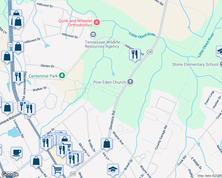 map of restaurants, bars, coffee shops, grocery stores, and more near 241 Heather Ridge Circle in Crossville